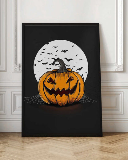 An illustration of a grinning orange jack-o'-lantern sitting in front of a large white full moon. A swarm of black bat silhouettes flies across the moon and the dark night sky. A spiderweb is visible on the ground next to the pumpkin. Poster