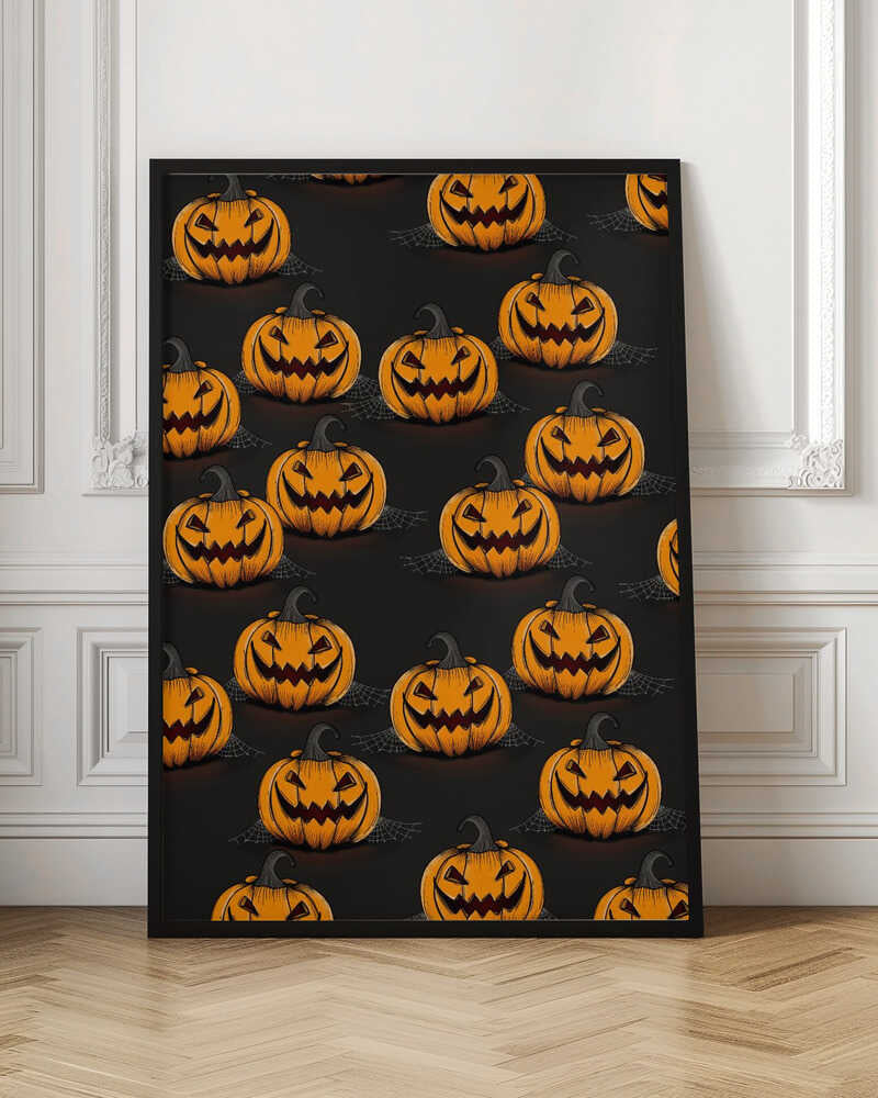 A framed poster featuring a repeating pattern of cartoonish, grinning jack-o'-lanterns on a solid black background. Each orange pumpkin has a sinister smile, triangular eyes, and a dark, curved stem. Faint spiderwebs are visible behind some of the pumpkins, adding to the spooky Halloween theme. Poster
