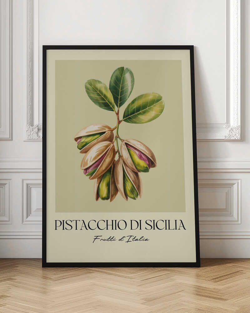 A vintage-style botanical poster illustrating a branch of Sicilian pistachios against a muted green background. The text below reads 'Pistacchio di Sicilia' and 'Frutti d'Italia'. The artwork is enclosed in a cream border and a simple black frame. Poster