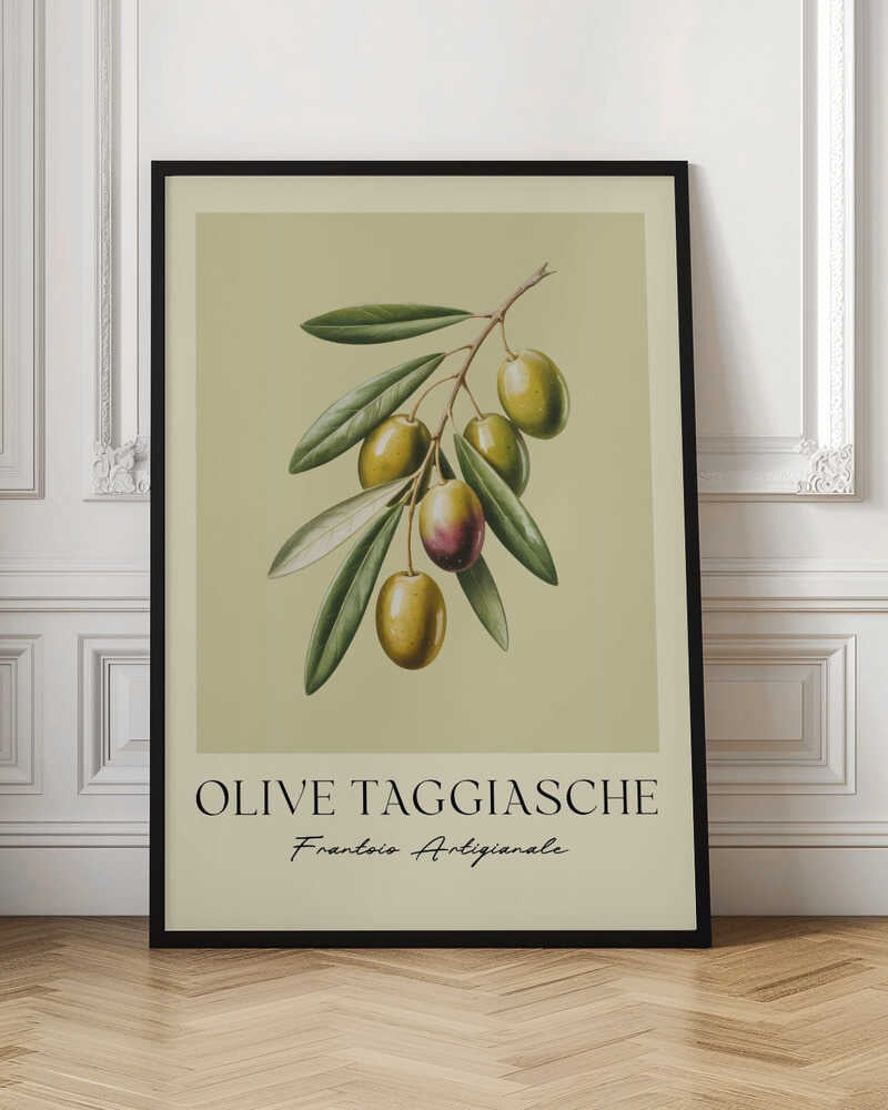 A vintage-style botanical art print of an olive branch with green Taggiasche olives against a muted green background. The text 'OLIVE TAGGIASCHE' and 'Frantoio Artigianale' is at the bottom. The print is matted and in a black frame. Print