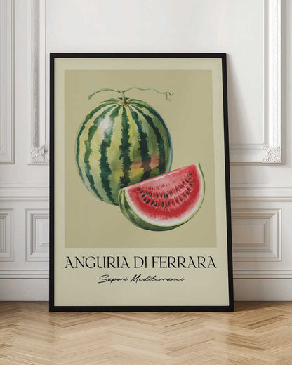 A vintage-style food poster in a black frame, featuring a detailed illustration of a whole striped watermelon and a cut slice showing its red flesh and black seeds. The background is a pale cream-green. Below the fruit, the text reads 'ANGURIA DI FERRARA' and 'Sapori Mediterranei'. Print