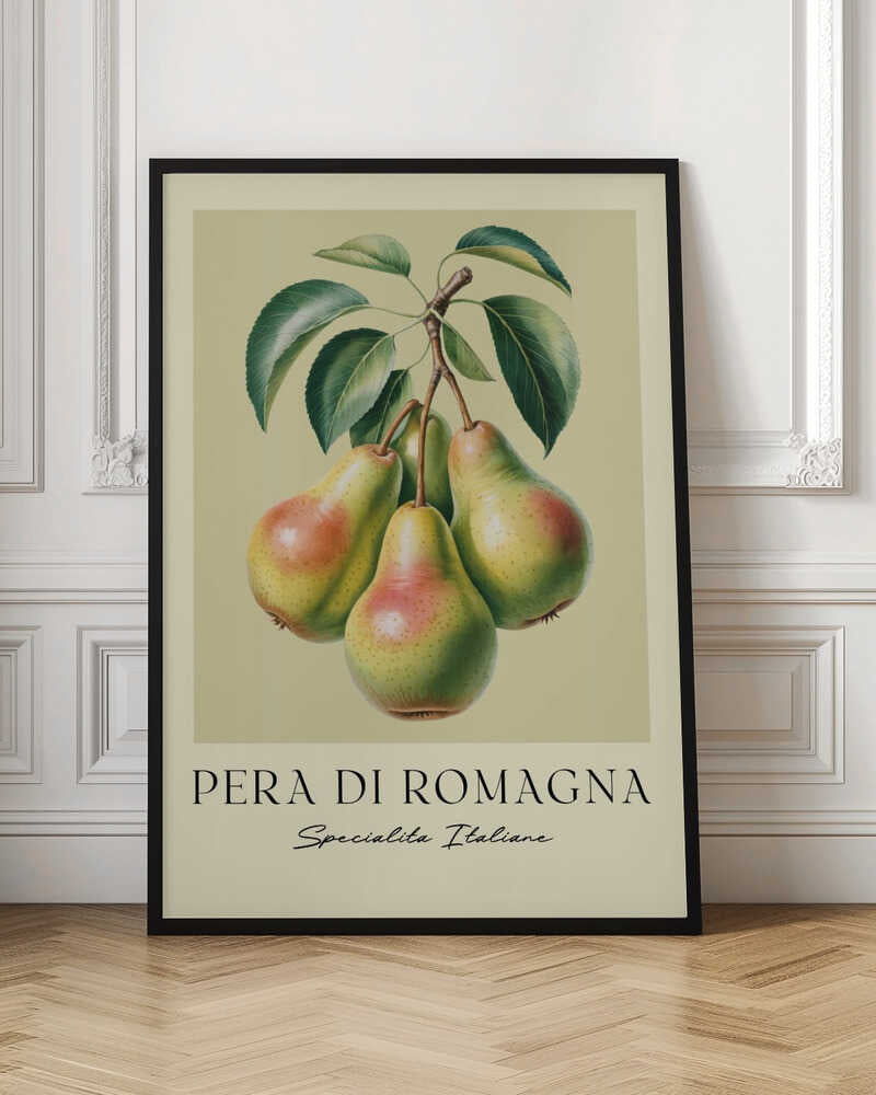 A vintage botanical art print of four 'Pera di Romagna' pears hanging from a leafy branch against a pale greenish-yellow background. Below the fruit, the text reads 'PERA DI ROMAGNA' and 'Specialita Italiane'. The print is displayed in a black frame. Decor