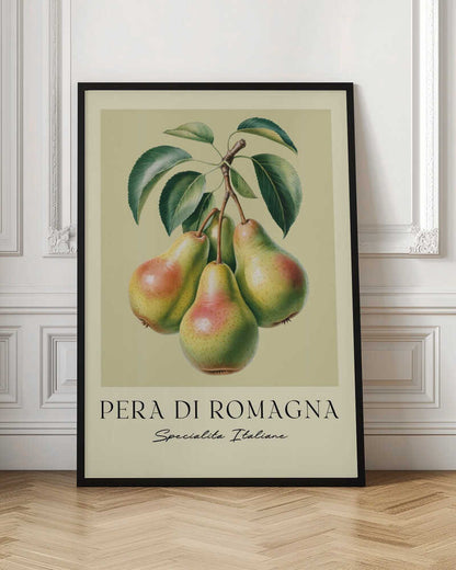 A vintage botanical art print of four 'Pera di Romagna' pears hanging from a leafy branch against a pale greenish-yellow background. Below the fruit, the text reads 'PERA DI ROMAGNA' and 'Specialita Italiane'. The print is displayed in a black frame. Decor