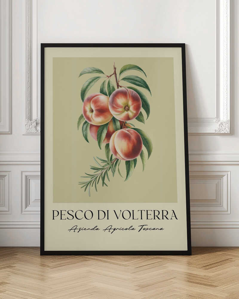A vintage-style botanical poster of a peach branch with several ripe, red and yellow peaches and green leaves, set against a muted beige background. The poster has Italian text at the bottom that reads 'PESCO DI VOLTERRA' and 'Azienda Agricola Toscana' and is shown in a black frame. Decor