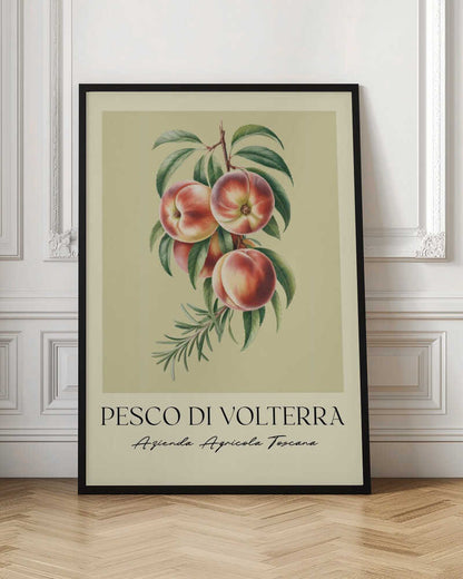 A vintage-style botanical poster of a peach branch with several ripe, red and yellow peaches and green leaves, set against a muted beige background. The poster has Italian text at the bottom that reads 'PESCO DI VOLTERRA' and 'Azienda Agricola Toscana' and is shown in a black frame. Decor