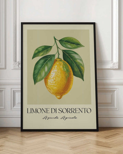 A vintage-style art print featuring a detailed illustration of a large yellow Sorrento lemon hanging from a branch with several green leaves. The background is a solid cream color. Below the image, the text 'LIMONE DI SORRENTO' is printed in a black serif font, with 'Azienda Agricola' underneath in a script font. The entire print is framed in a simple black frame. Poster