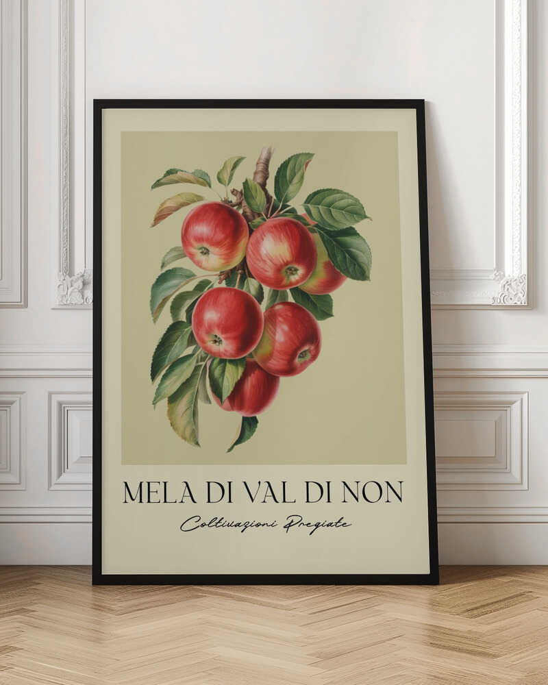 A vintage-style botanical poster featuring a realistic illustration of a cluster of red apples on a branch against a pale yellow-green background. Below the image is the text 'MELA DI VAL DI NON' in a serif font and 'Coltivazioni Pregiate' in a cursive script. The artwork is enclosed in a black frame. Print