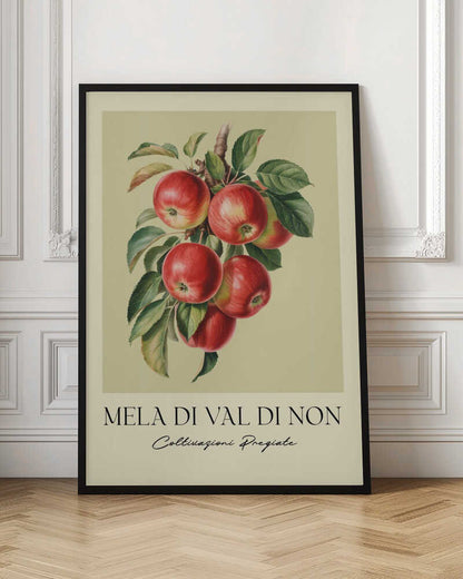 A vintage-style botanical poster featuring a realistic illustration of a cluster of red apples on a branch against a pale yellow-green background. Below the image is the text 'MELA DI VAL DI NON' in a serif font and 'Coltivazioni Pregiate' in a cursive script. The artwork is enclosed in a black frame. Print