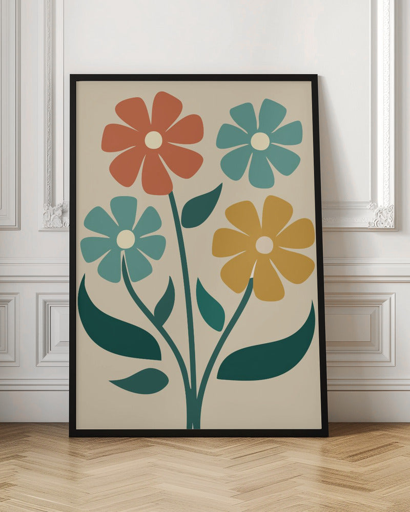 A retro-style illustration of four colorful flowers with bold, simple petals in shades of orange, teal, and yellow, on green stems against a cream background. Artwork