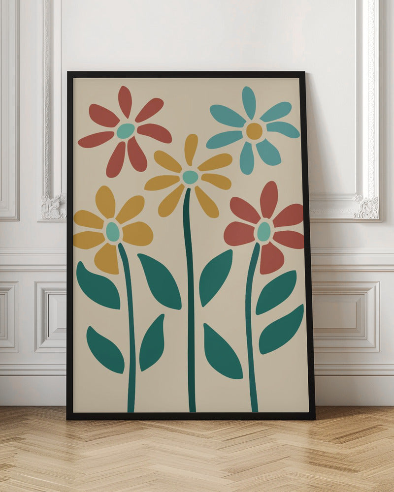 A retro-style art print of five colorful, stylized flowers against a cream-colored background, inside a thin black frame. The flowers, resembling daisies, are colored red, yellow, and light blue with thick, dark teal stems and leaves. Poster