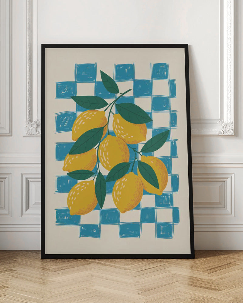 A vibrant illustration of a lemon branch laden with yellow lemons and green leaves, set against a loosely drawn blue and cream checkered background, enclosed in a thin black frame. Artwork