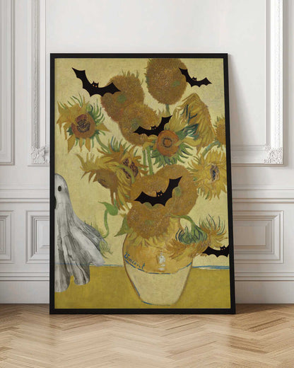 A humorous Halloween-themed parody of Vincent van Gogh's 'Sunflowers' painting. The famous artwork of yellow sunflowers in a vase is decorated with black bat silhouettes and a white sheet ghost peeking into the frame from the left. Artwork