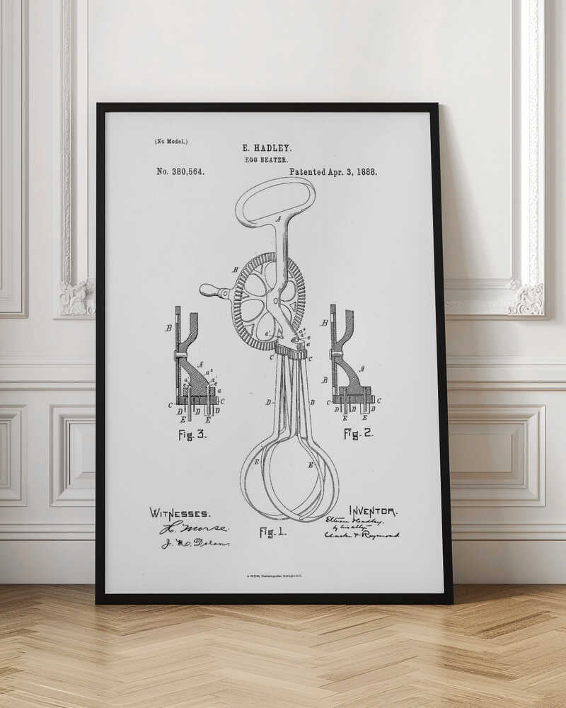 A framed black and white patent illustration for an egg beater by E. Hadley, patented April 3, 1888. The drawing includes a main view of the hand-cranked mixer and two detailed cross-section diagrams, all labeled with letters and figure numbers. Poster