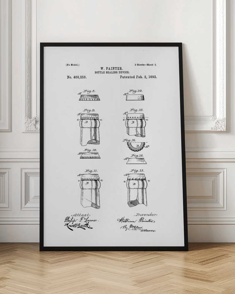 A framed black and white patent illustration for W. Painter's 'Bottle Sealing Device,' patented on February 2, 1892. The document displays various technical drawings (figures 8-16) of the bottle cap and the top of a bottle, along with signatures. Artwork