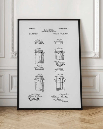 A framed black and white patent illustration for W. Painter's 'Bottle Sealing Device,' patented on February 2, 1892. The document displays various technical drawings (figures 8-16) of the bottle cap and the top of a bottle, along with signatures. Artwork