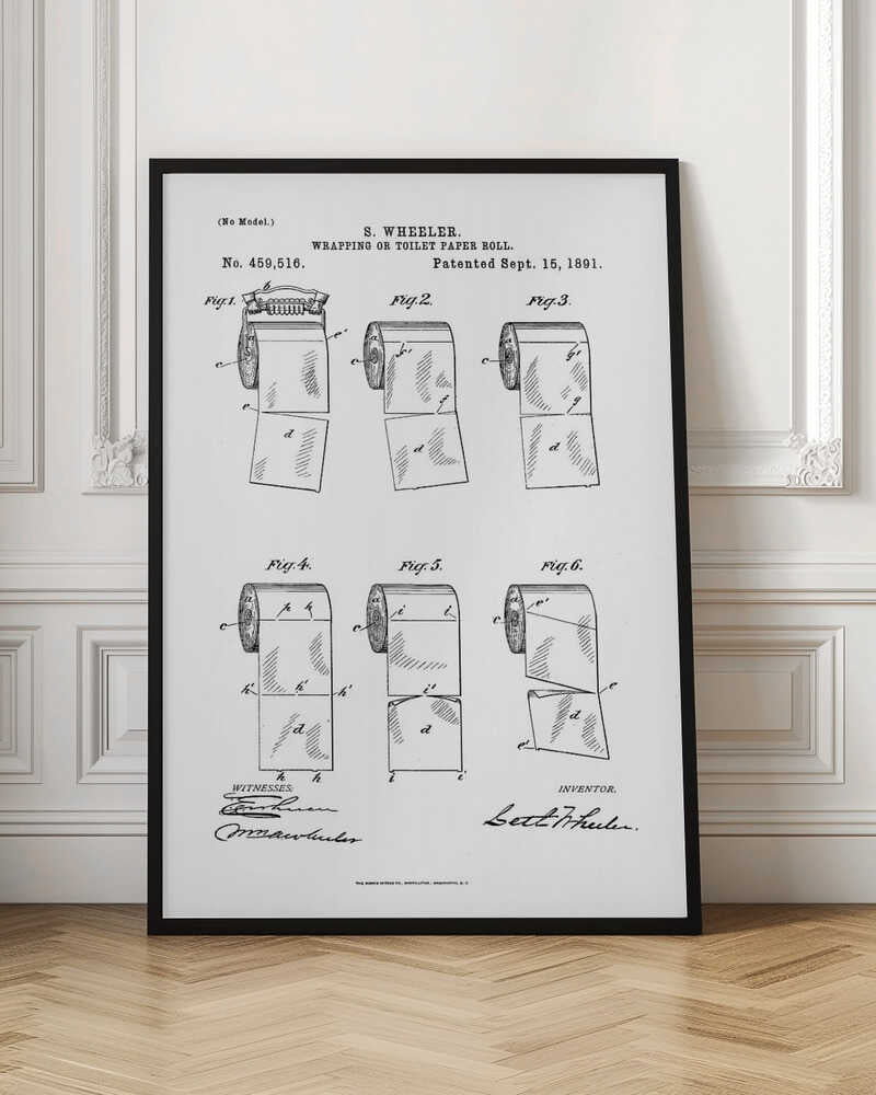 A framed black and white print of the 1891 U.S. patent for the wrapping or toilet paper roll by inventor S. Wheeler. The document features six technical illustrations of a perforated toilet paper roll, along with the patent number, date, and signatures. Poster