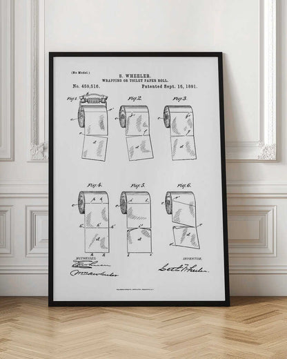 A framed black and white print of the 1891 U.S. patent for the wrapping or toilet paper roll by inventor S. Wheeler. The document features six technical illustrations of a perforated toilet paper roll, along with the patent number, date, and signatures. Poster
