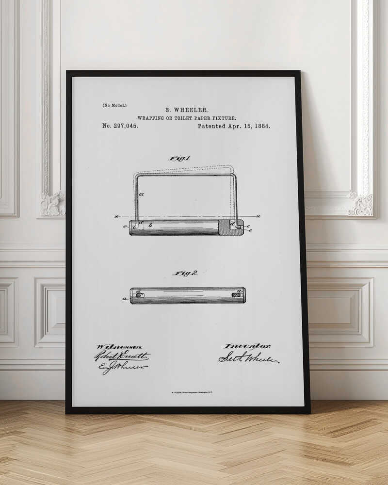 A framed black and white print of the 1884 patent for a 'Wrapping or Toilet Paper Fixture' by S. Wheeler. The document shows technical drawings (Fig. 1 and Fig. 2) of the invention, along with the patent number, date, and signatures of the inventor and witnesses. Artwork