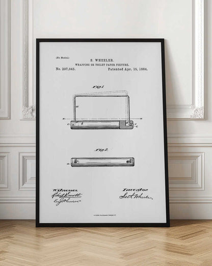 A framed black and white print of the 1884 patent for a 'Wrapping or Toilet Paper Fixture' by S. Wheeler. The document shows technical drawings (Fig. 1 and Fig. 2) of the invention, along with the patent number, date, and signatures of the inventor and witnesses. Artwork