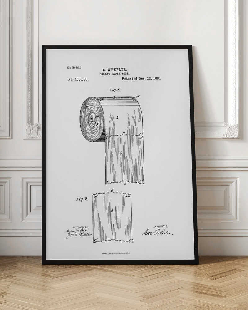 A framed black and white patent illustration for a toilet paper roll by S. Wheeler, dated December 22, 1891. The drawing includes two figures: Fig. 1 shows the full roll of paper, and Fig. 2 displays a single perforated sheet. The image has the characteristic look of a 19th-century patent document with technical drawings, labels, and signatures. Artwork