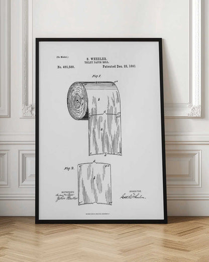 A framed black and white patent illustration for a toilet paper roll by S. Wheeler, dated December 22, 1891. The drawing includes two figures: Fig. 1 shows the full roll of paper, and Fig. 2 displays a single perforated sheet. The image has the characteristic look of a 19th-century patent document with technical drawings, labels, and signatures. Artwork