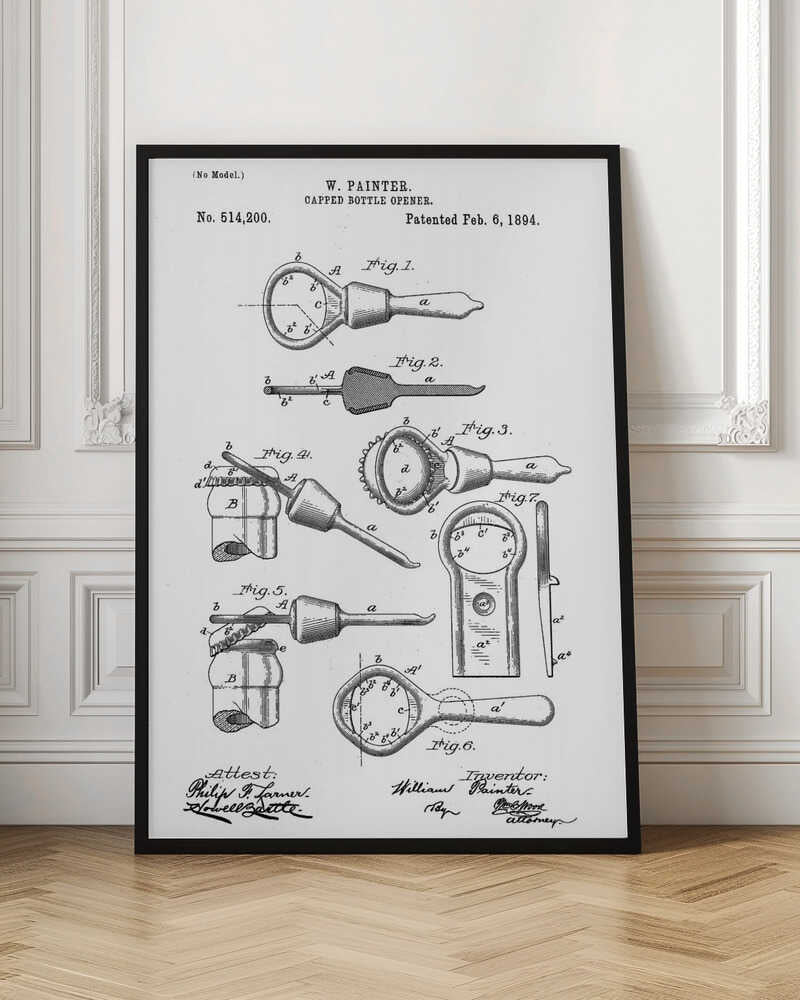 A framed black and white patent illustration for W. Painter's Capped Bottle Opener, dated February 6, 1894. The document shows multiple detailed figures of the invention from various angles and in use, with technical labels and signatures. Wall Art