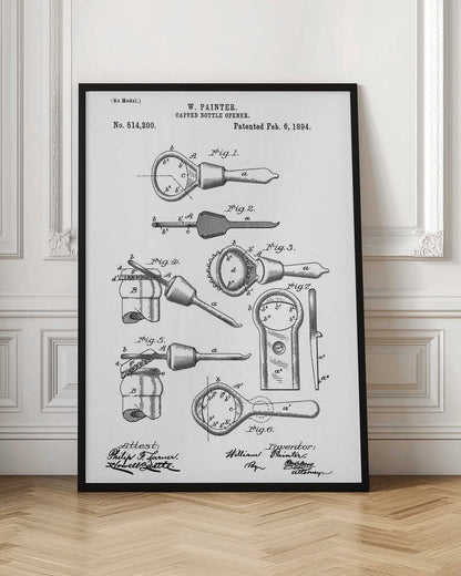 A framed black and white patent illustration for W. Painter's Capped Bottle Opener, dated February 6, 1894. The document shows multiple detailed figures of the invention from various angles and in use, with technical labels and signatures. Wall Art
