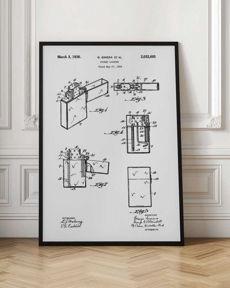 A framed black and white patent illustration for a pocket lighter, invented by G. Gimera et al. The document is dated March 3, 1936, and shows multiple detailed diagrams and cross-sections of the lighter's design and mechanics. Print