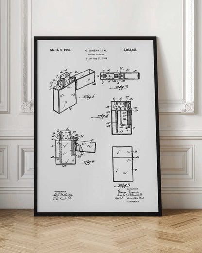 A framed black and white patent illustration for a pocket lighter, invented by G. Gimera et al. The document is dated March 3, 1936, and shows multiple detailed diagrams and cross-sections of the lighter's design and mechanics. Print