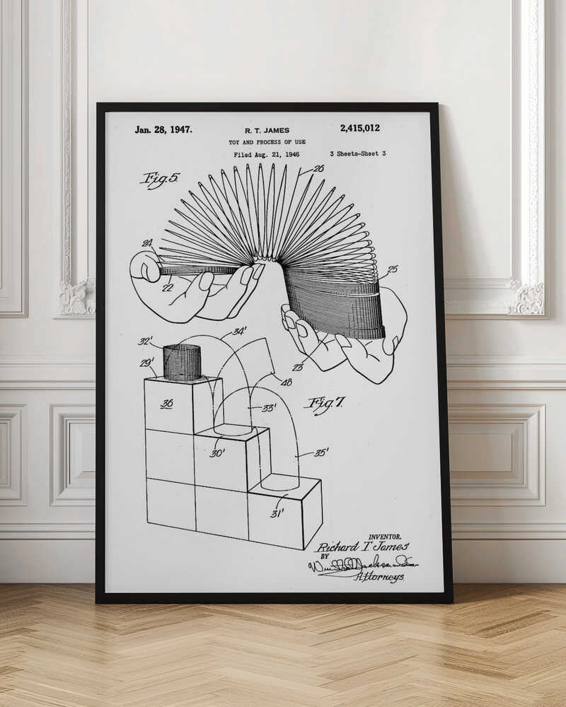 A black and white patent illustration for the Slinky toy, dated January 28, 1947. The drawing shows two figures: Fig. 5 depicts two hands stretching the coiled spring toy, and Fig. 7 illustrates the toy's movement down a set of blocks. Artwork