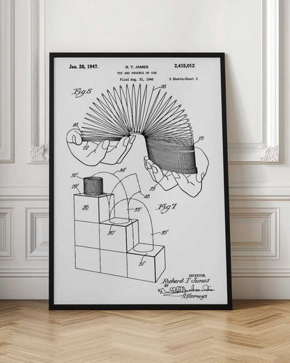 A black and white patent illustration for the Slinky toy, dated January 28, 1947. The drawing shows two figures: Fig. 5 depicts two hands stretching the coiled spring toy, and Fig. 7 illustrates the toy's movement down a set of blocks. Artwork