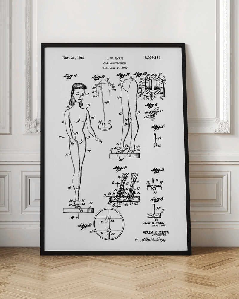 A framed black and white patent illustration for the original Barbie doll, dated November 21, 1961. The diagram, titled 'Doll Construction' by J. W. Ryan, shows various figures including a full view of the doll, cross-sections of its joints, and detailed drawings of its stand and shoes. Print