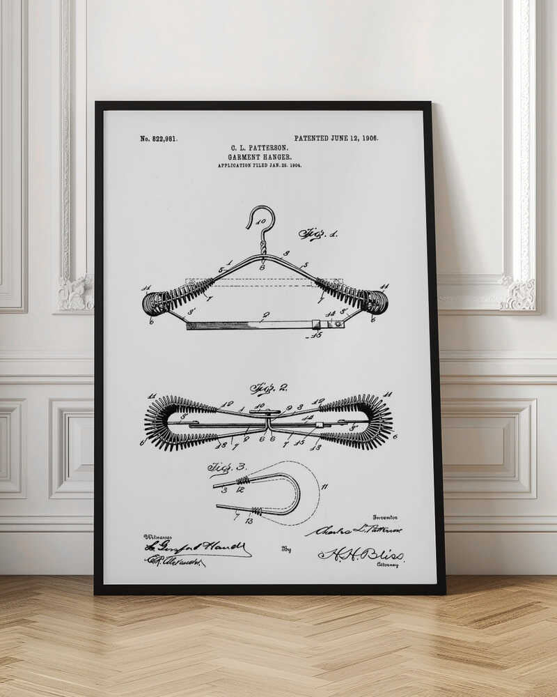 A framed black and white patent illustration for a garment hanger by C. L. Patterson, patented June 12, 1906. The drawing displays three figures detailing the hanger's mechanical design, with cursive signatures at the bottom. Wall Art