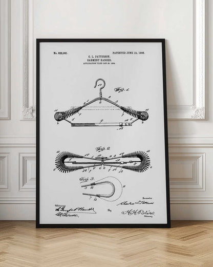 A framed black and white patent illustration for a garment hanger by C. L. Patterson, patented June 12, 1906. The drawing displays three figures detailing the hanger's mechanical design, with cursive signatures at the bottom. Wall Art