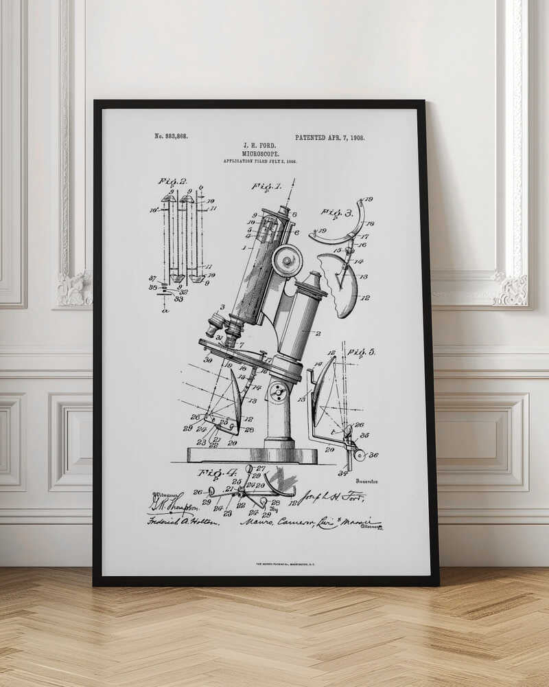 A framed black and white patent illustration for a microscope by J. H. Ford, dated 1908. The document features detailed technical drawings of the microscope and its components, labeled with numbers, against a white background. Poster