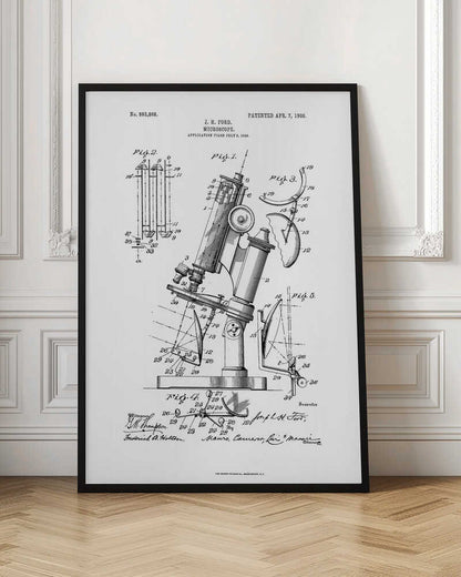 A framed black and white patent illustration for a microscope by J. H. Ford, dated 1908. The document features detailed technical drawings of the microscope and its components, labeled with numbers, against a white background. Poster