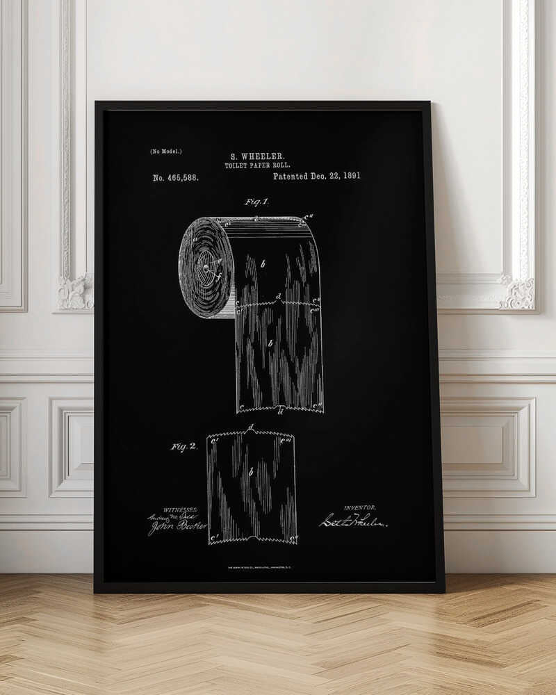 A framed black and white patent illustration for S. Wheeler's toilet paper roll, patented December 22, 1891. The technical drawing is on a black background and shows a full roll and a single perforated sheet, complete with text, figures, and signatures. Poster