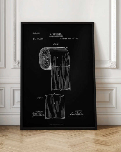 A framed black and white patent illustration for S. Wheeler's toilet paper roll, patented December 22, 1891. The technical drawing is on a black background and shows a full roll and a single perforated sheet, complete with text, figures, and signatures. Poster