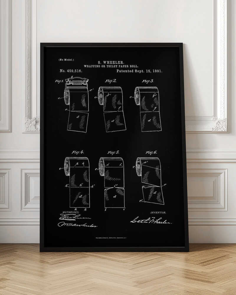 A vintage patent illustration for S. Wheeler's 'Wrapping or Toilet Paper Roll', dated September 15, 1891. The image is a white-on-black blueprint-style drawing showing six different figures of a toilet paper roll, detailing its perforated design. The patent number, title, inventor's name, and signatures are included in the design. Print