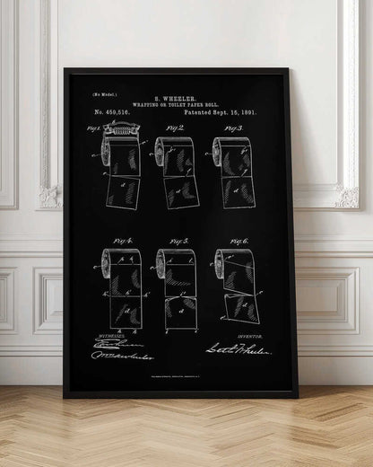 A vintage patent illustration for S. Wheeler's 'Wrapping or Toilet Paper Roll', dated September 15, 1891. The image is a white-on-black blueprint-style drawing showing six different figures of a toilet paper roll, detailing its perforated design. The patent number, title, inventor's name, and signatures are included in the design. Print