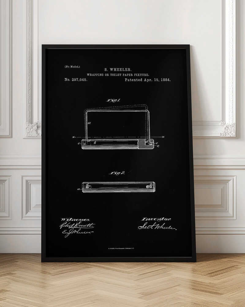 A framed, black and white print of the 1884 patent for S. Wheeler's Wrapping or Toilet Paper Fixture. The design shows technical diagrams, the patent number 297,045, and signatures against a black background. Decor