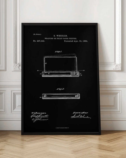 A framed, black and white print of the 1884 patent for S. Wheeler's Wrapping or Toilet Paper Fixture. The design shows technical diagrams, the patent number 297,045, and signatures against a black background. Decor