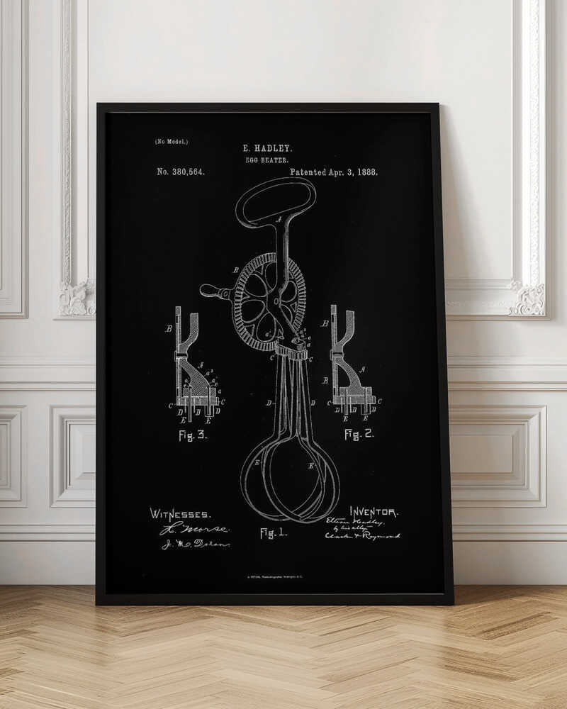A framed vintage patent illustration for an egg beater, dated April 3, 1888. The design, by E. Hadley, is shown in white line art on a black background, detailing the mechanical parts including the handle, crank, gears, and whisks. Artwork