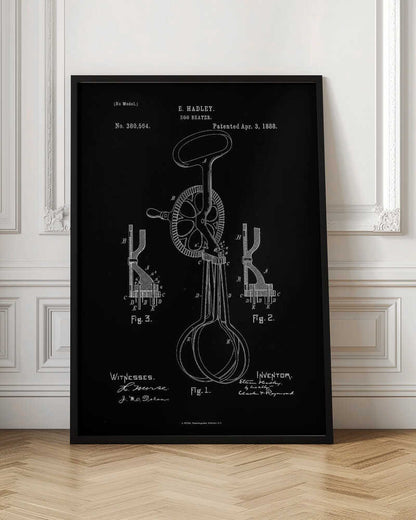 A framed vintage patent illustration for an egg beater, dated April 3, 1888. The design, by E. Hadley, is shown in white line art on a black background, detailing the mechanical parts including the handle, crank, gears, and whisks. Artwork