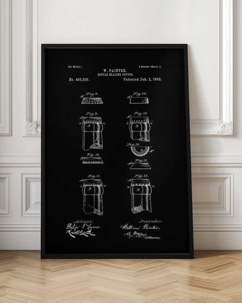 A framed black and white patent illustration for W. Painter's 'Bottle Sealing Device,' patented February 2, 1892. The technical drawing shows various figures of the bottle cap and bottle neck design, with text and signatures on a black background. Poster