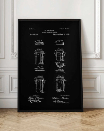 A framed black and white patent illustration for W. Painter's 'Bottle Sealing Device,' patented February 2, 1892. The technical drawing shows various figures of the bottle cap and bottle neck design, with text and signatures on a black background. Poster