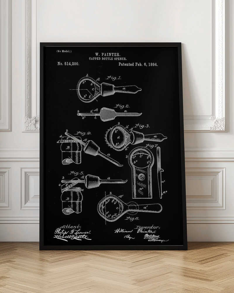 A framed patent illustration for a Capped Bottle Opener invented by W. Painter, patented February 6, 1894. The artwork is a black and white technical drawing showing multiple figures of the bottle opener and its use. Poster