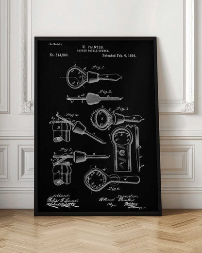 A framed patent illustration for a Capped Bottle Opener invented by W. Painter, patented February 6, 1894. The artwork is a black and white technical drawing showing multiple figures of the bottle opener and its use. Poster