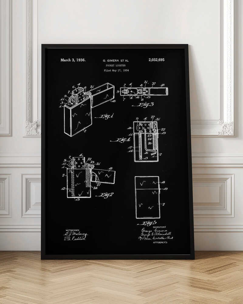 A framed black and white patent illustration for a pocket lighter, dated March 3, 1936. The technical blueprint shows various figures and cross-sections of the lighter's design and mechanics against a black background. Artwork