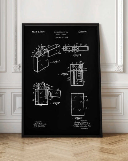 A framed black and white patent illustration for a pocket lighter, dated March 3, 1936. The technical blueprint shows various figures and cross-sections of the lighter's design and mechanics against a black background. Artwork